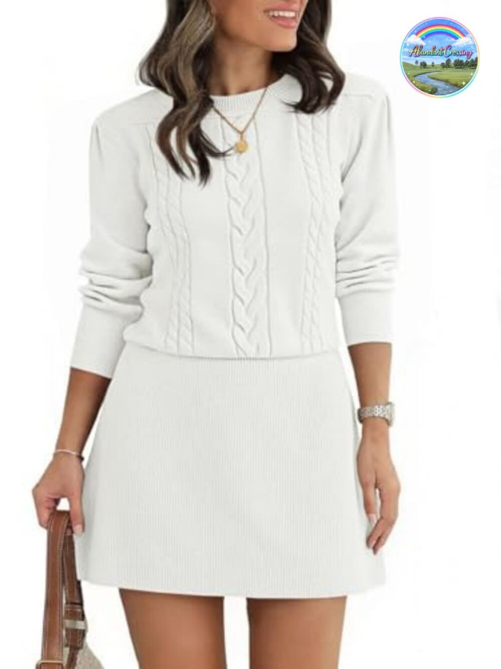 Puff Long Sleeve Cable Knit Sweater Mini Dress A-Line Fit and Flare